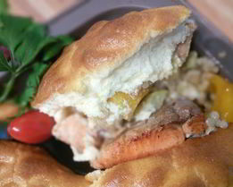 Рагу из лосося с перловкой под сырным суфле