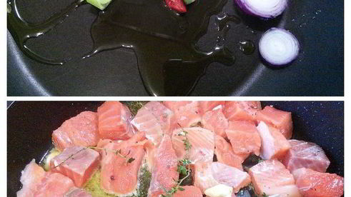 рагу из лосося с перловкой под сырным суфле