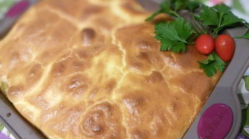 рагу из лосося с перловкой под сырным суфле