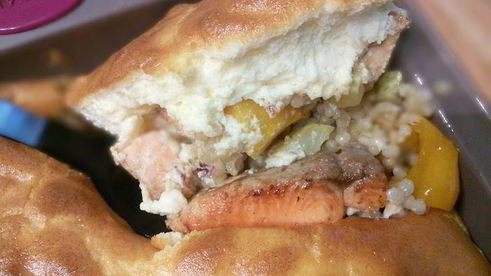 рагу из лосося с перловкой под сырным суфле