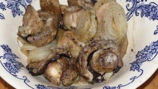 Шашлык из грибов шампиньоны на шампурах на мангале