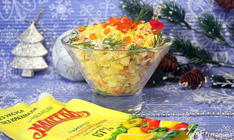 Рецепт салата оливье с семгой и красной икрой