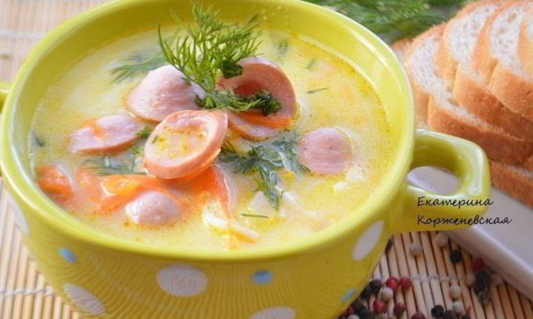 Рецепт сырного супа с сосисками