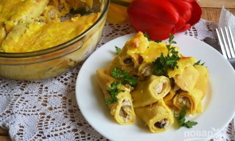 Рецепт запеченных блинов с курицей и шампиньонами
