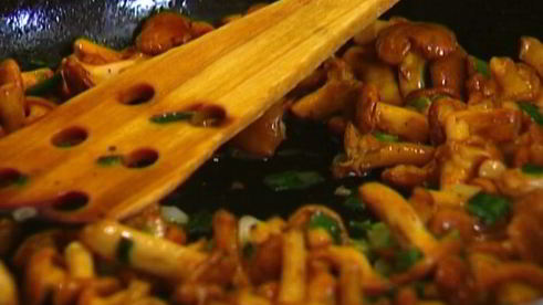 грибы с пармезаном и зеленым луком на чипсах из лаваша